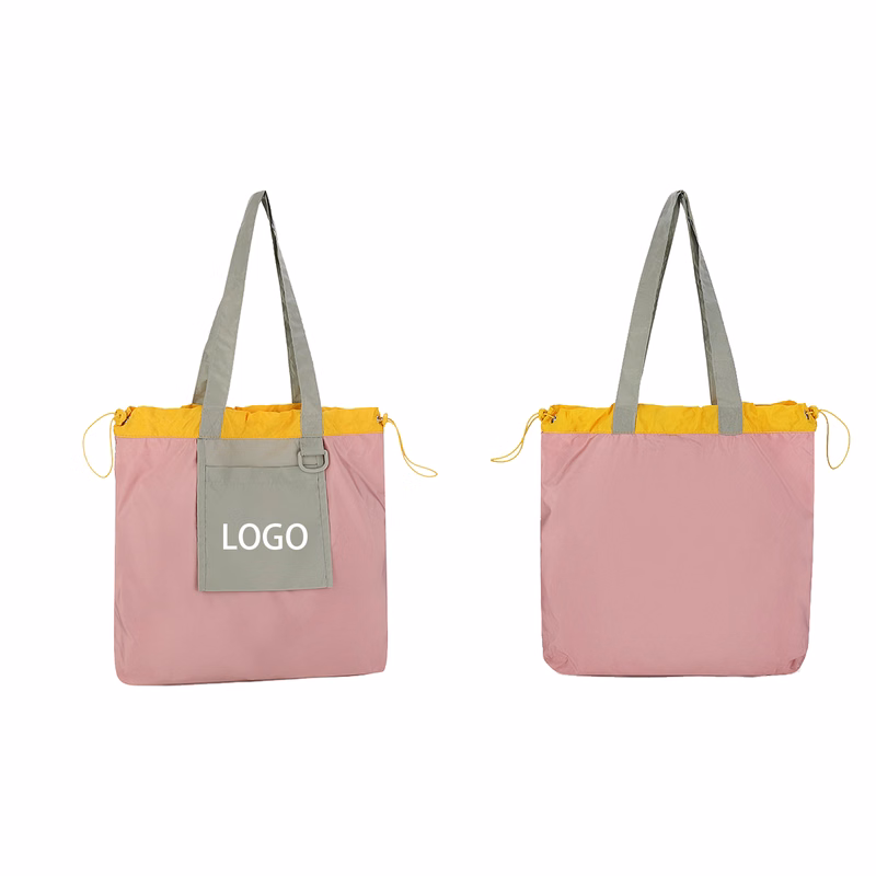 Drawstring Colorblock Foldable Shopping Tote