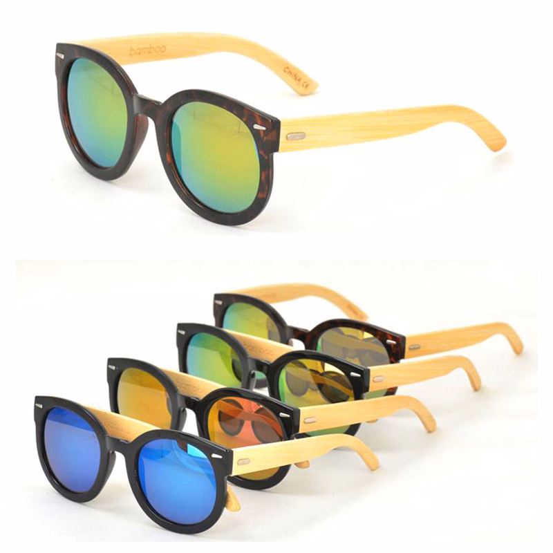 Anti-Paparazzi Large Round Bamboo Sunglasses w/Color Mirror Lens