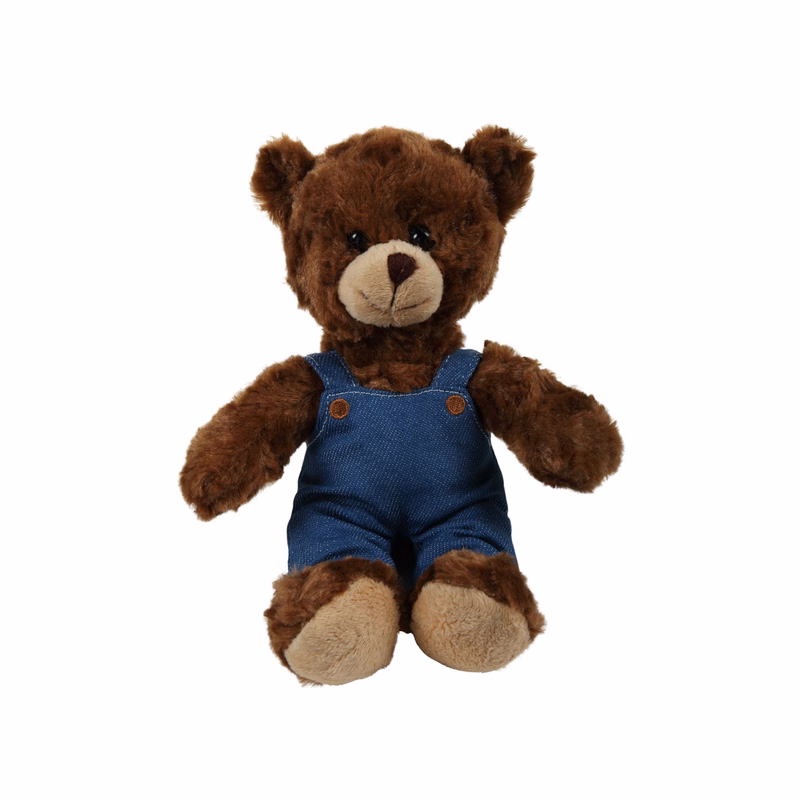 soft plush  Chocolate Curly Sitting Bear in denim overall