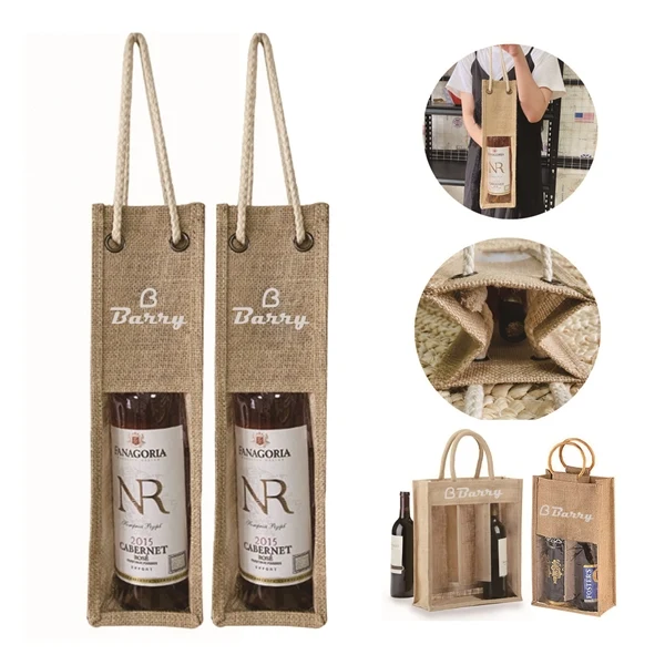 Reusable Jute Wine Bag With Clear Window/Wine Bottle Burlap 1