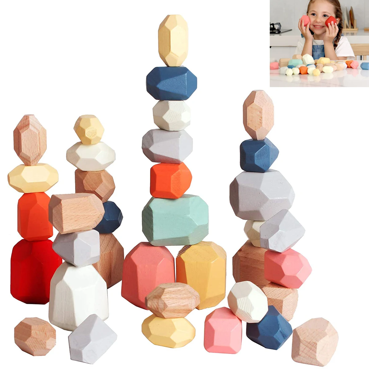 36 Pieces Wooden Sorting Stacking Rocks Balancing Stones 1