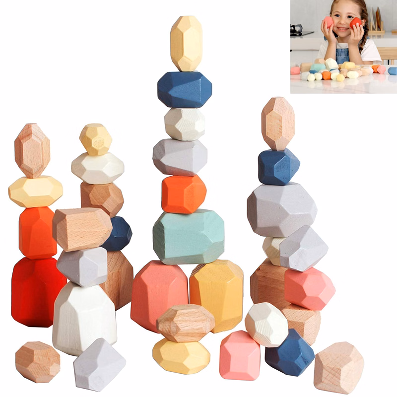 36 Pieces Wooden Sorting Stacking Rocks Balancing Stones