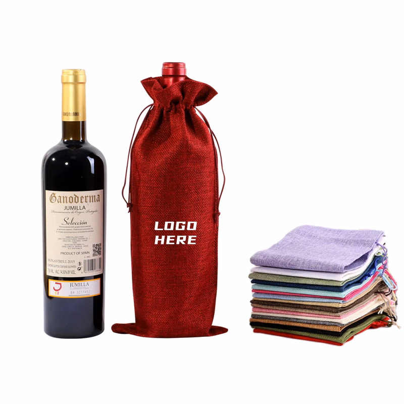 Full Color Drawstring Linen Wine Bottle Bag