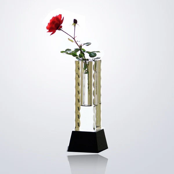 Optical Crystal/Glass Vase on Black Base with Sandblast-Deep Etch Engraving 1