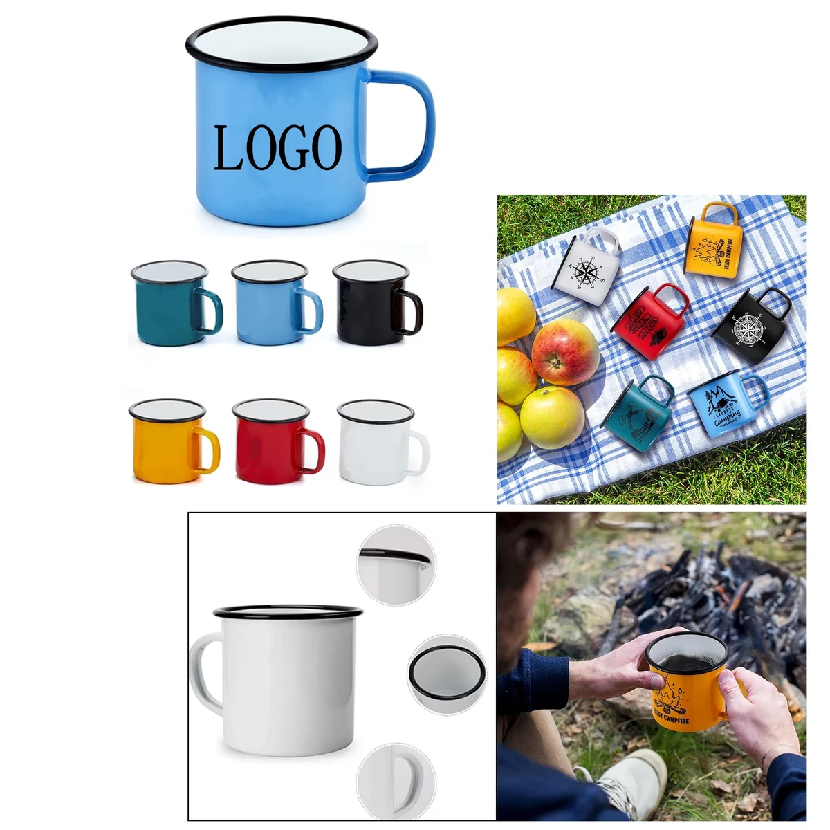 Blue and White Dot Logo Custom Metal Enamel Mug 1