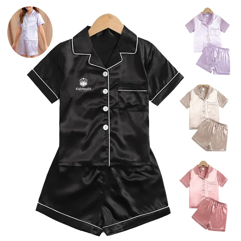 Kid's Short Sleeve Sleepwear Button Down Satin 2 Piece Pajama Set 1