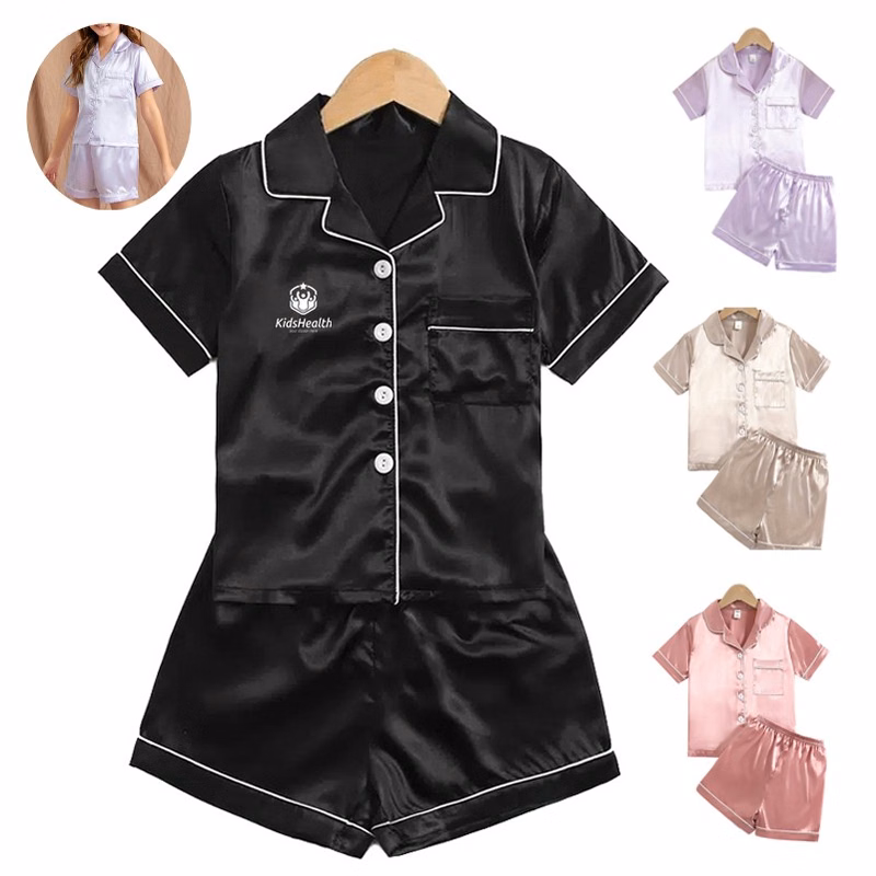 Kid's Short Sleeve Sleepwear Button Down Satin 2 Piece Pajama Set