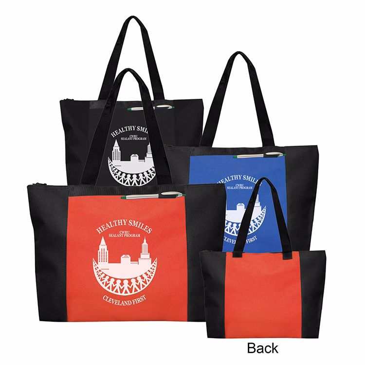 Durable 600D polyester daily zipper tote with heavy Backing.