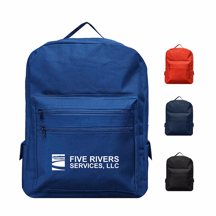 Backpack with large front compartment & 2 side pockets.