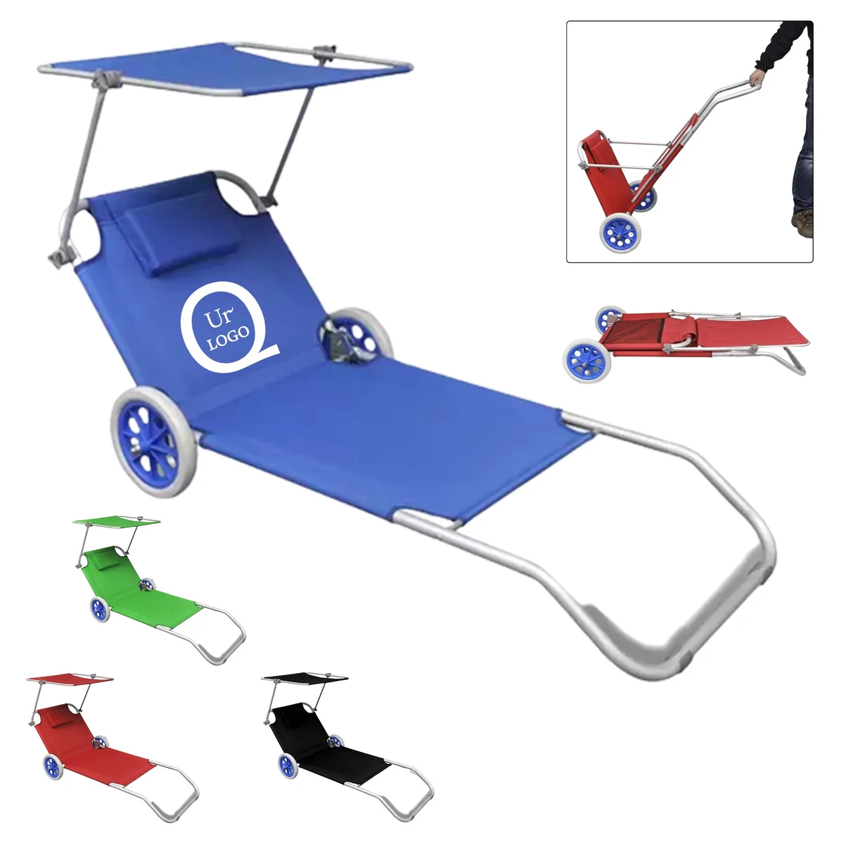 Oxford Fabric Foldable Beach Lounger W/ Wheels And Canopy 1