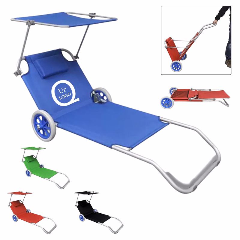 Oxford Fabric Foldable Beach Lounger W/ Wheels And Canopy