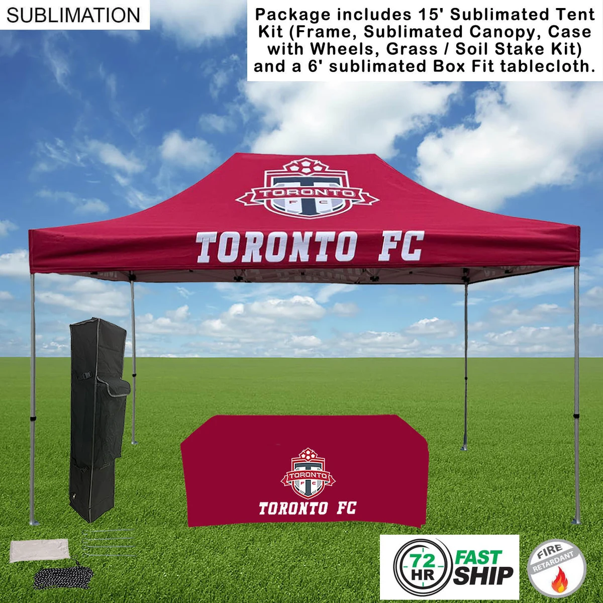 72Hr Fast Ship - Event Package, 15' Tent Kit and 6' Sublimated Box Fit Tablecloth (Best Seller) 1