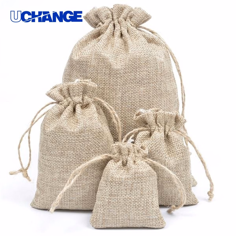 Natural Burlap Jute Drawstring Pouch Bags Set