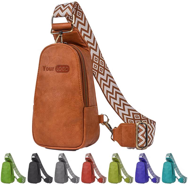 Pu Compact Sling Bag With Adjustable Boho-Pattern Strap
