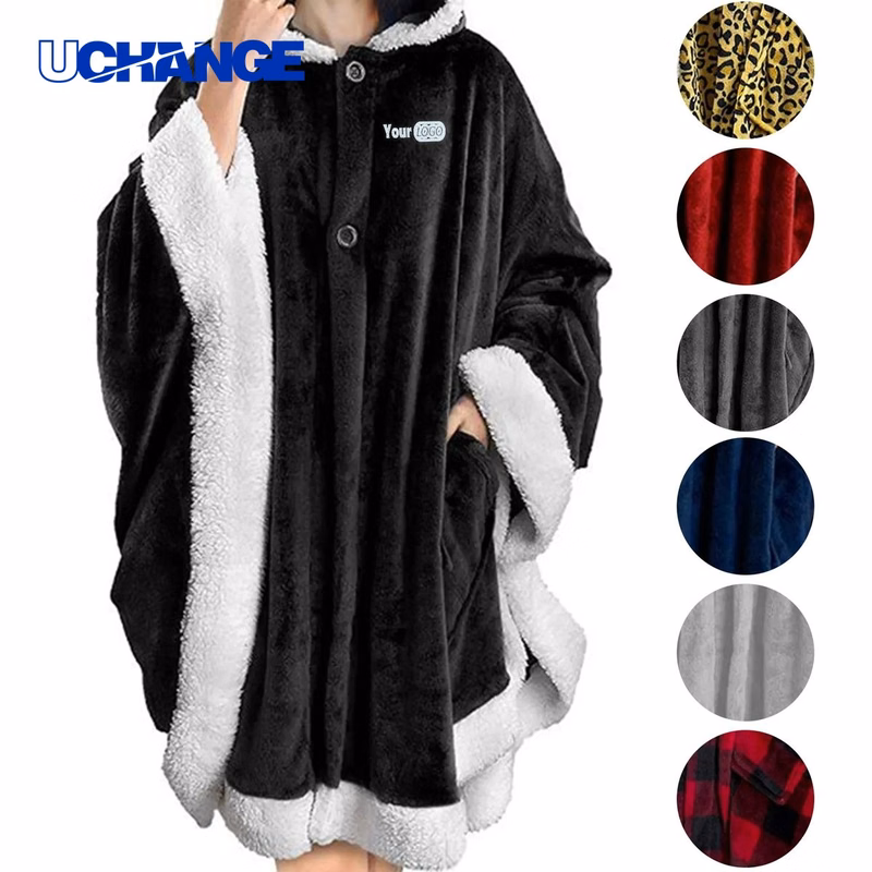 Flannel Hooded Cape Style Blanket with Pocket
