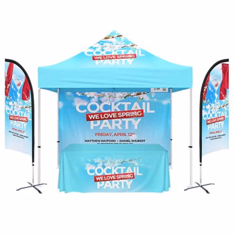 Trade Show Booth PACKAGE 5 10' Canopy Tent + 6' Table Throw 3-Sided+ 12' Double Side Flag+Back Wall