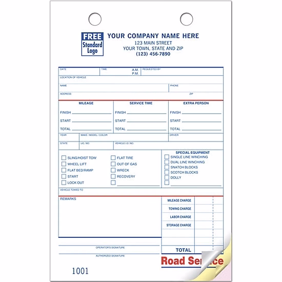 Road service register forms, large format