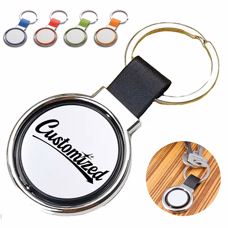 Round Metal Keychain with Leather Strap