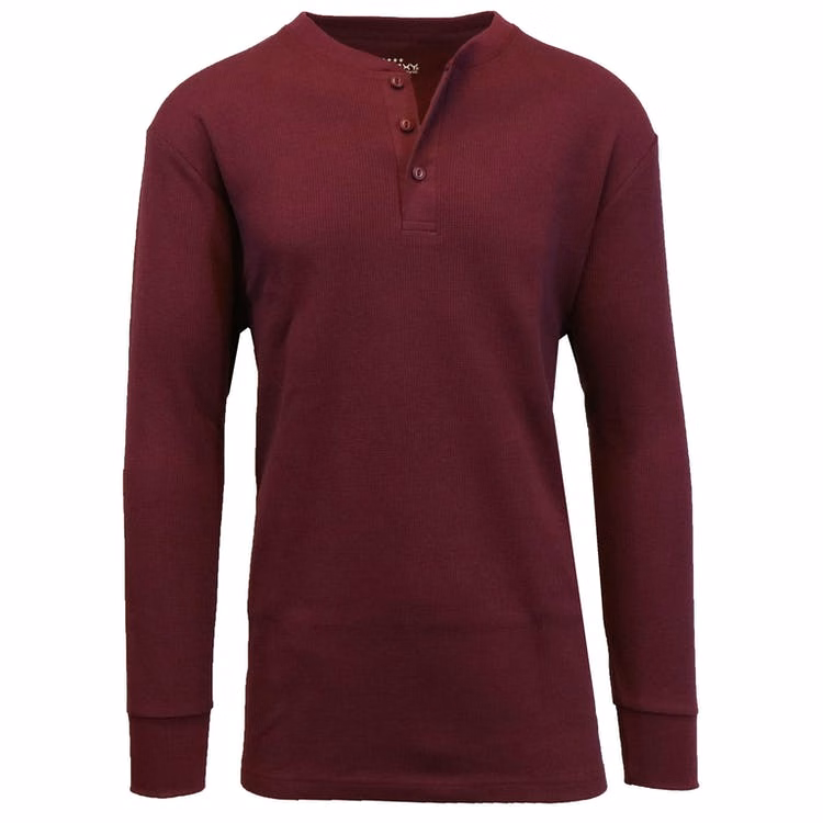 Men's Henley Thermal Shirts - Burgundy S-XL 3 Button