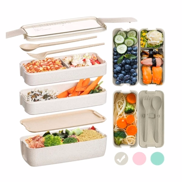 3-Layer Wheat Straw Bento Box With Cultery, Lunch