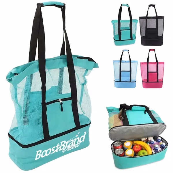 Custom Mesh Top Beach Tote with Insulated Cooler Compartment — Corporate Summer Giveaway