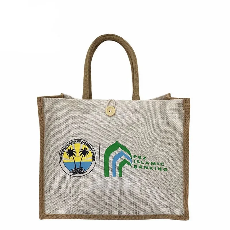 Jute Tote with Button Closure, custom tote bag with logo imprint 1