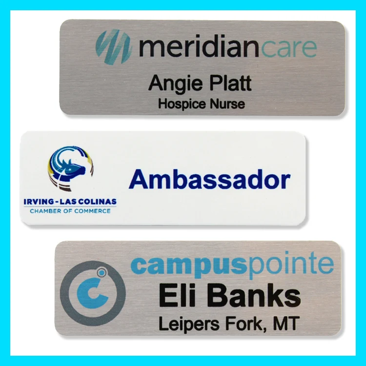 The Athena full color .040 metal name badge 1" x 3" 1