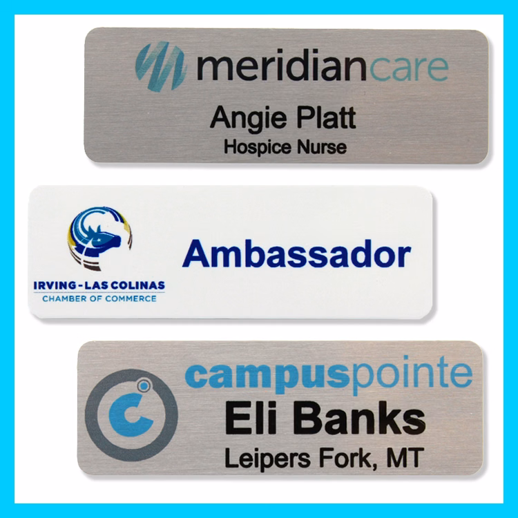 The Athena full color .040 metal name badge 1" x 3"