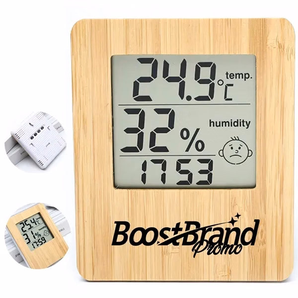 Custom Bamboo Digital Thermometer Hygrometer — Corporate Wellness Promo