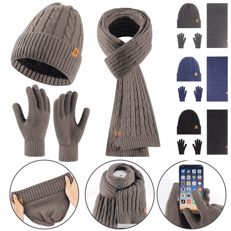 Cable Knit Warm Acrylic Winter 3-Piece Accessories Set