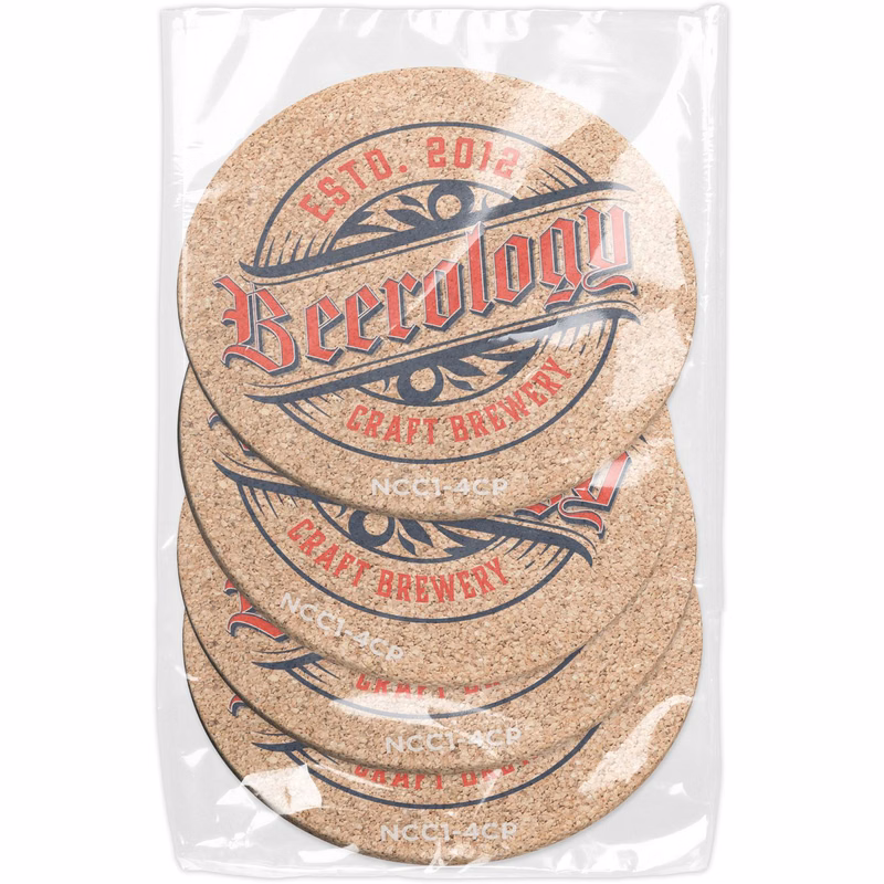 Set of 4 Natural Cork Coasters 3/16" (3.5" dia.) Full Colour Imprint Polybagged