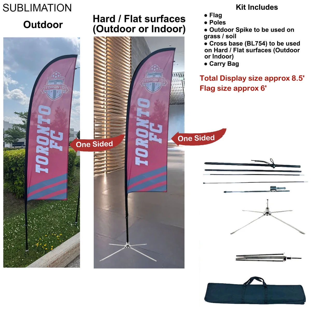 8.5' X-Small Feather Flag Kit, Full Color Graphics One Side, Outdoor Spike base, Indoor Cross Base 1