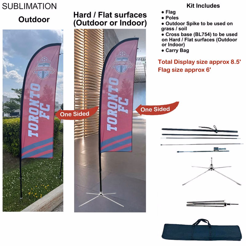 8.5' X-Small Feather Flag Kit, Full Color Graphics One Side, Outdoor Spike base, Indoor Cross Base