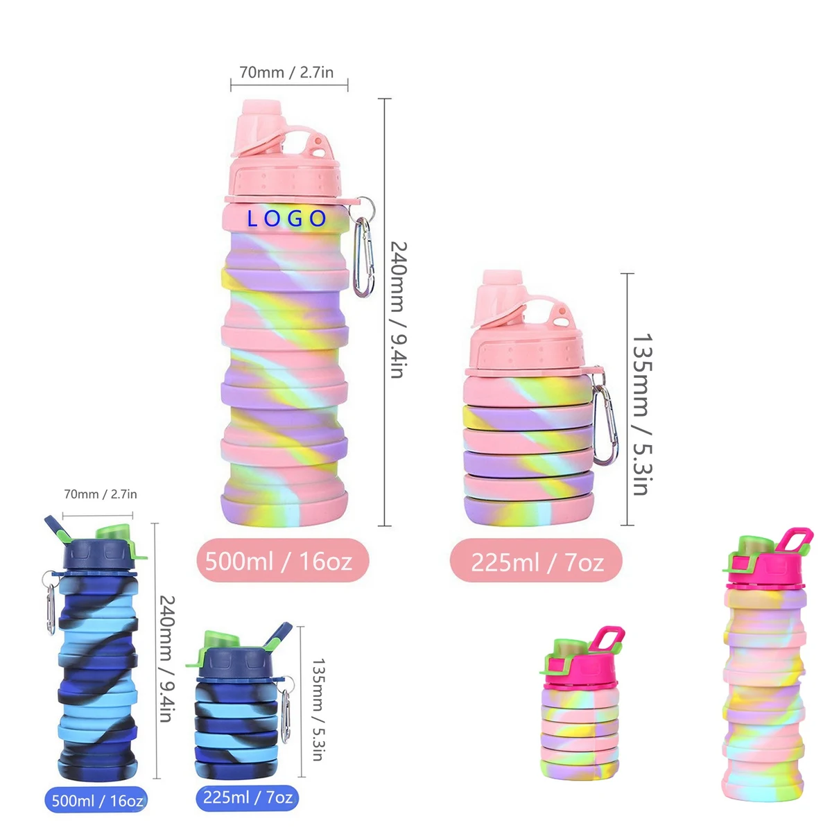 16 Oz Clip-On Collapsible Silicone Water Bottle 1