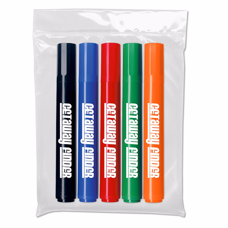 Five Pack of Chisel Tip Permanent Markers in a Plastic Pouch - USA Union Made