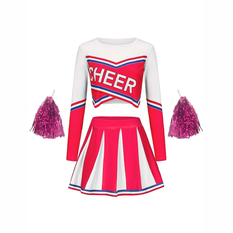 Kids Cheerleader Costume Set with Long Sleeves Short Skirt