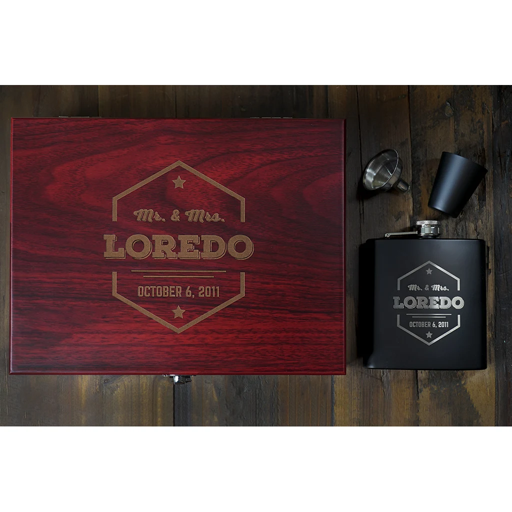 Black Flask Set in Rosewood Box, custom water bottle with logo imprint 1