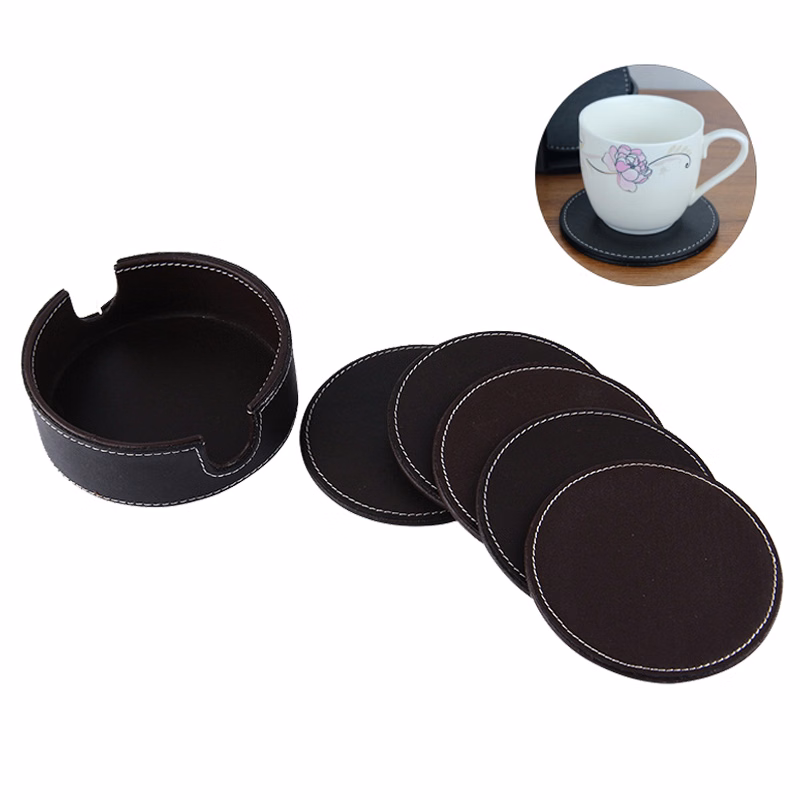 Round PU Leather Coaster Set Of 6