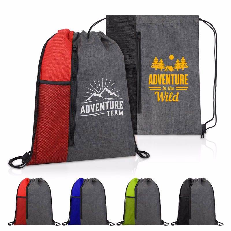 Drawstring Backpack With Front Vertical Zip Pocket And Mesh Pocket