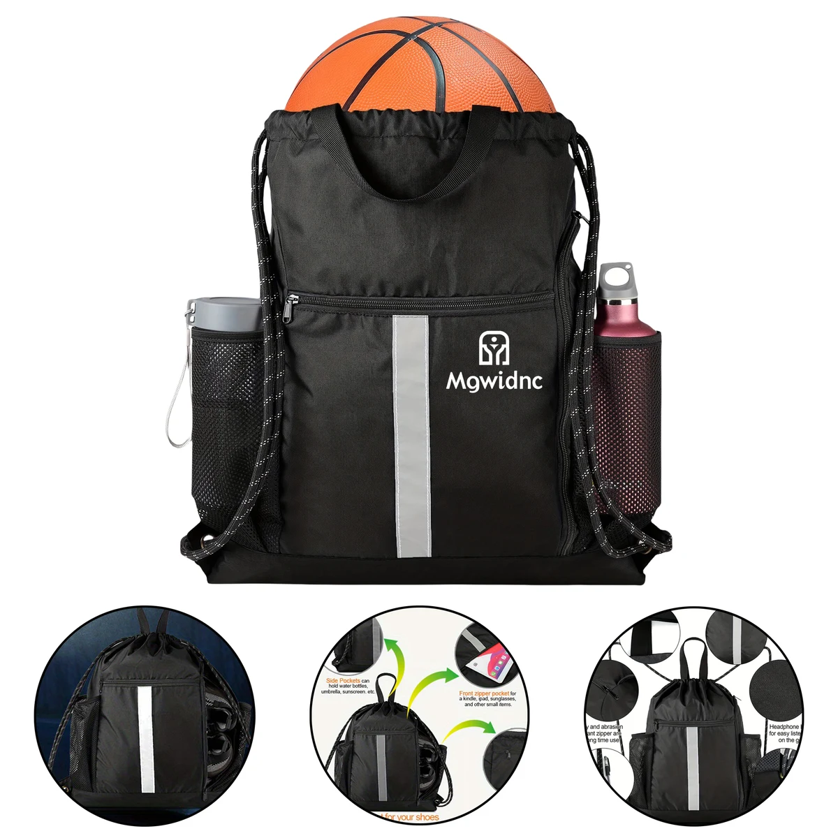 Drawstring Sports Backpack for Basketball Football Training Travel Gym with Reflective Strips Water 1