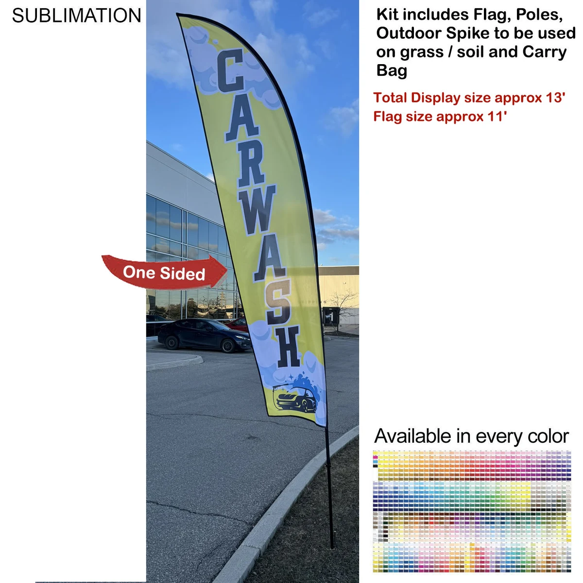 13' Medium Feather Flag Kit, Full Color Graphics One Side, Outdoor Spike base and Bag Included 1