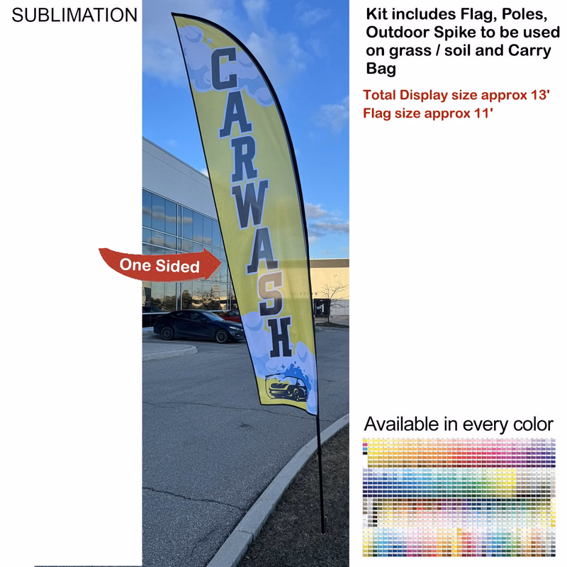 13' Medium Feather Flag Kit, Full Color Graphics One Side, Outdoor Spike base and Bag Included