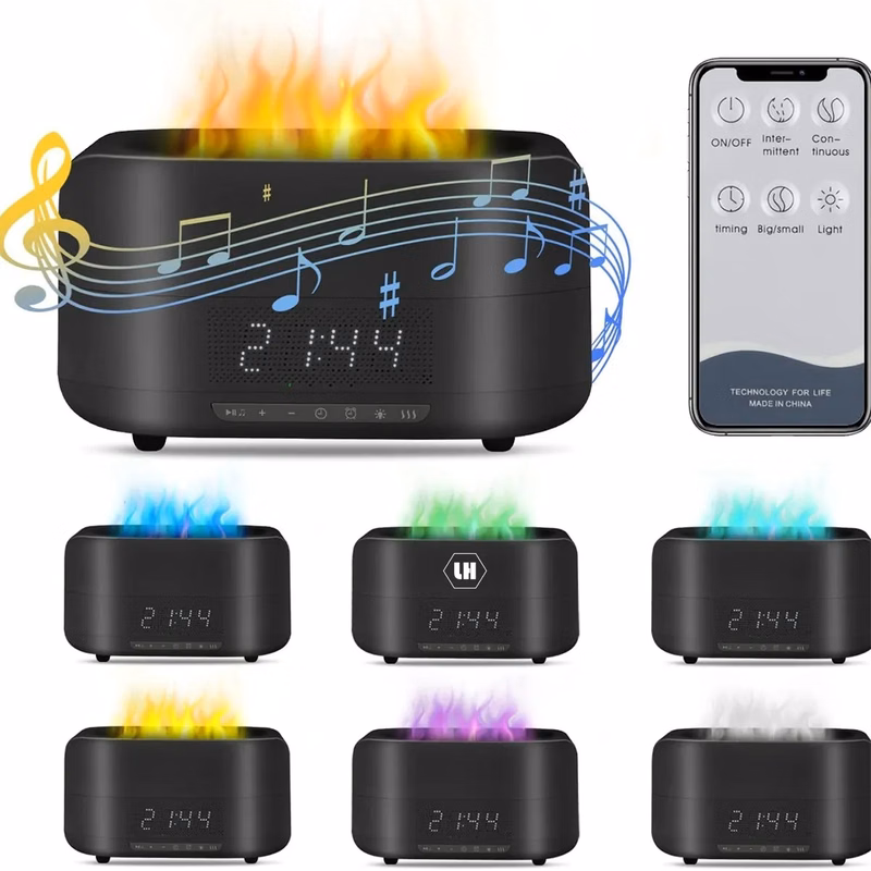 Flame Diffuser with Bluetooth Speaker and Clock Humidifier