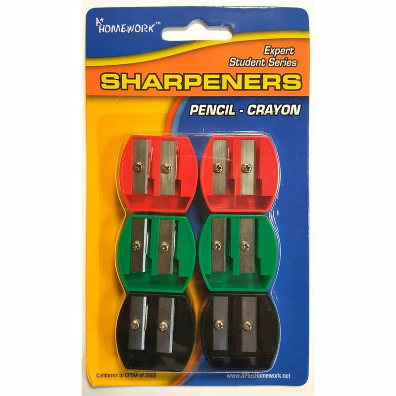 Pencil Sharpeners - 6 pack Dual Blades Assorted Colors
