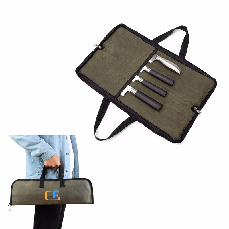 Portable Waxed Canvas Knife Roll Bag with 4 Slots