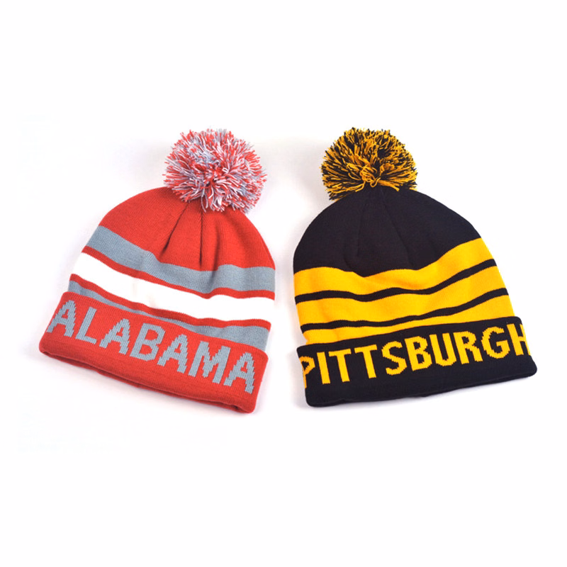 Knitted Acrylic Pom Beanie Hat With Cuff