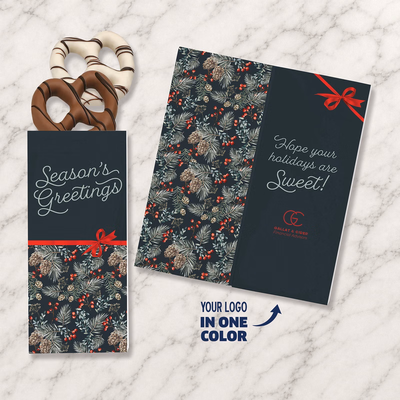 One Color Foil-Stamped Stock Pine Boughs & Berries Sweeter Cards with Chocolate Dipped Pretzels