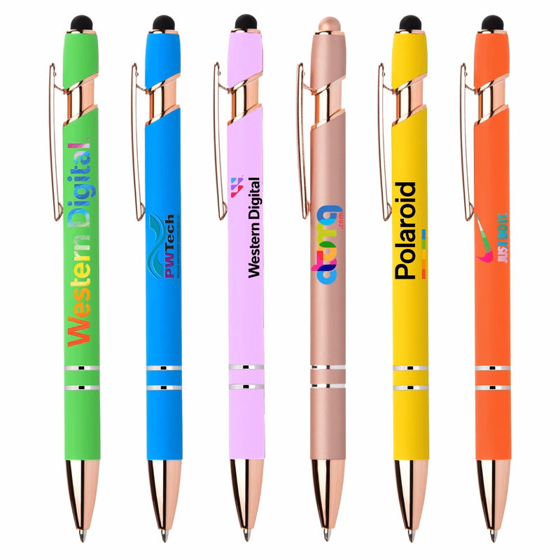 Stylus-3261 Bright Ballpoint Soft Touch Pens with Rose Gold Trims
