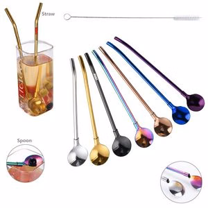Reusable Stainless Steel Straws With Spoon Attachment