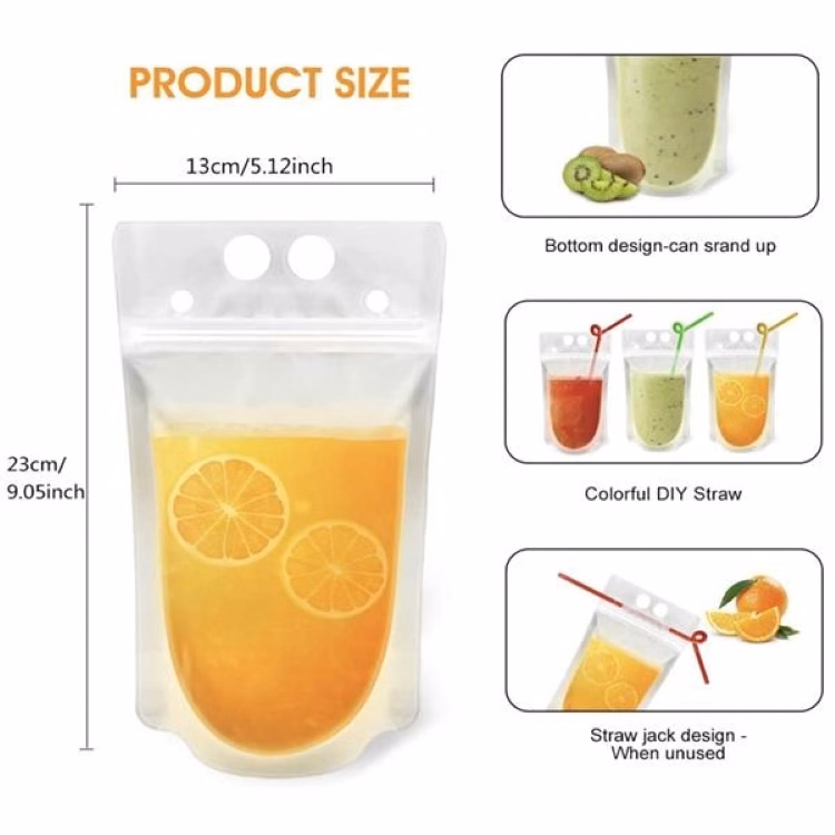 Juice Pouch With Straw made of Food-grade and non-toxic drink bags with round corners for safety